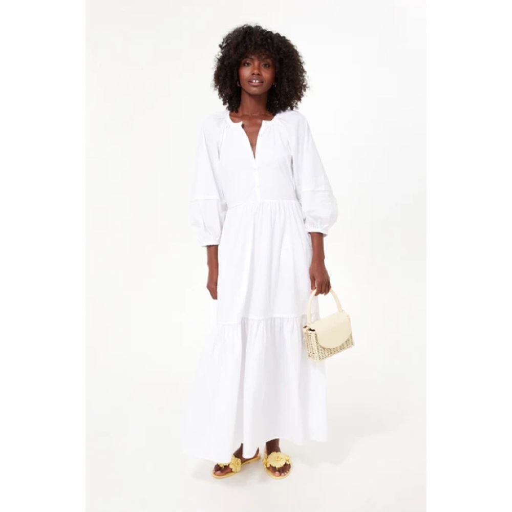 STAUD | White Ruffled Tiered Maxi Demi Dress with Ruffle Sleeves NWT Small - Picture 3 of 6